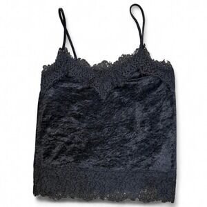 H&M Black Crushed Velvet Lace Trim Cami Size Small